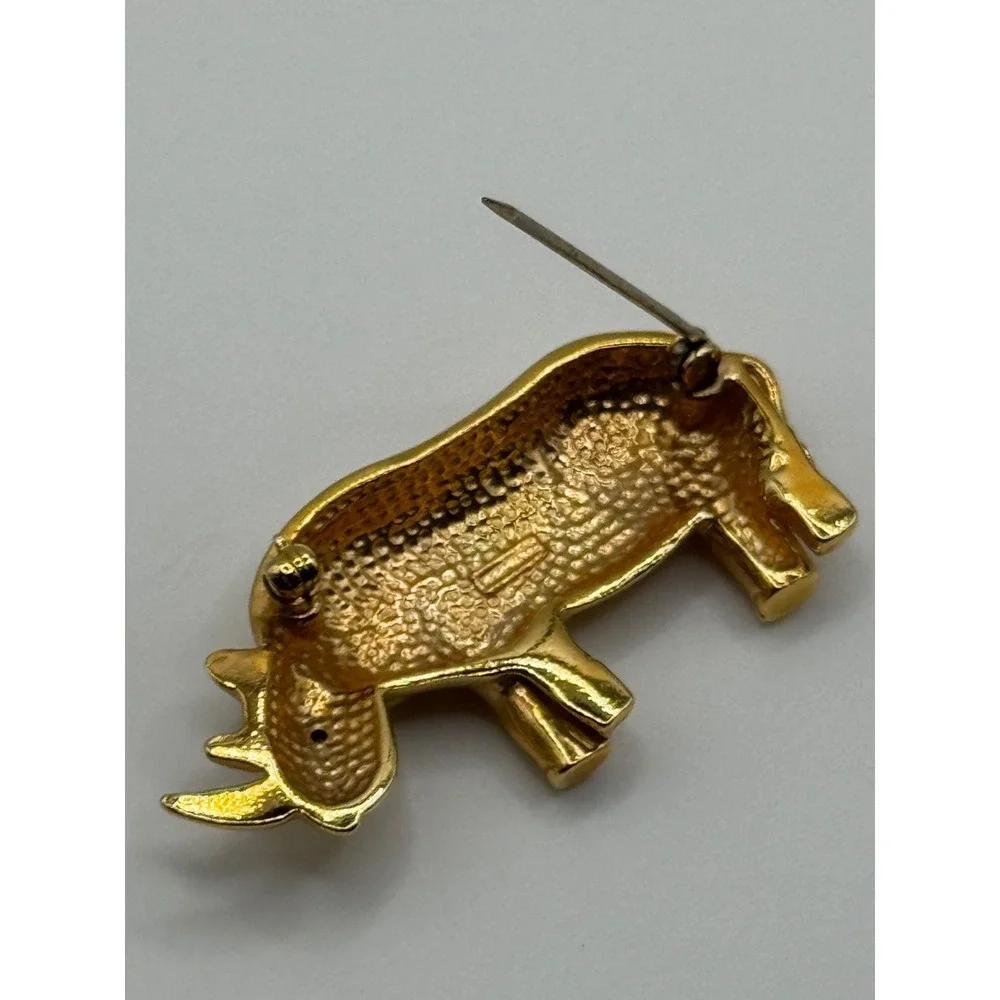 Vintage‎ Krementz Rhino Brooch Rhinestone Eye Gold Tone Pin